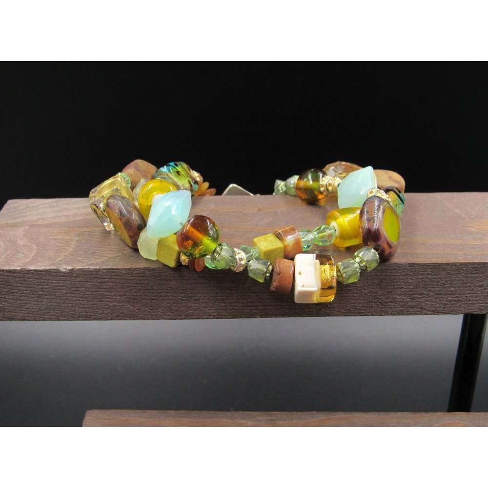 9" Sterling Silver Hefty Wood Glass And Stone Bracelet Vintage Wedding